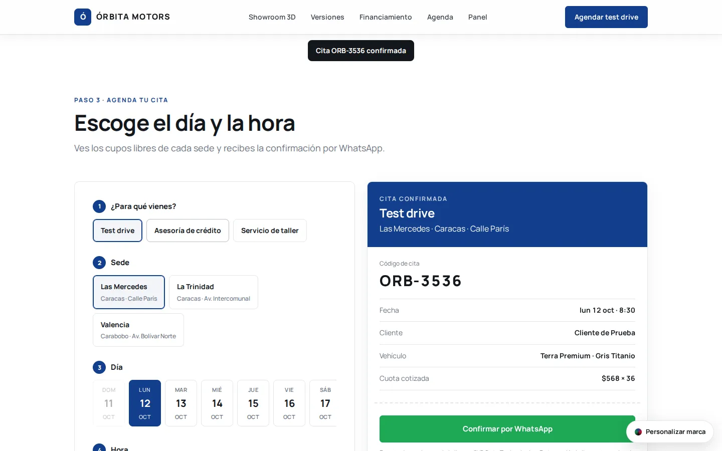 Agenda de citas por sede con comprobante y confirmación por WhatsApp