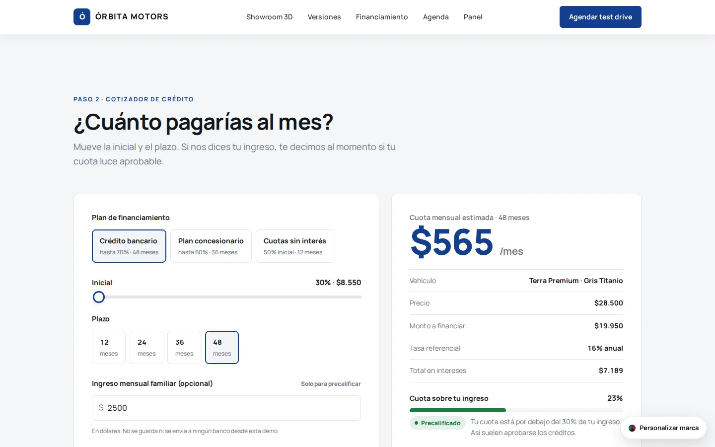 Cotizador de crédito automotriz con cuota mensual, inicial y plazo