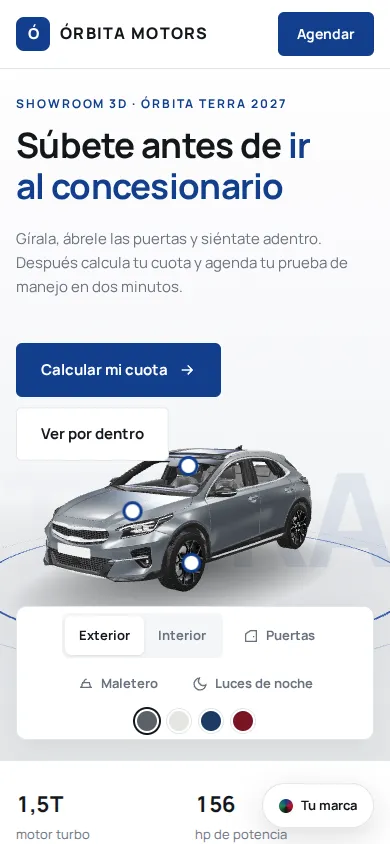 Showroom en un teléfono, con botones y colores adaptados a pantalla pequeña