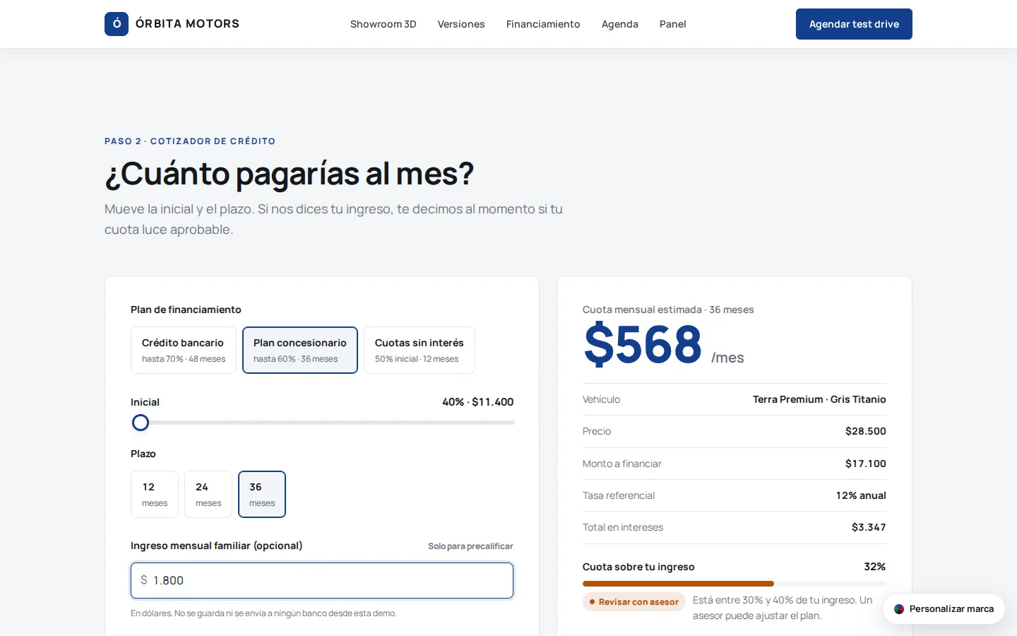 Precalificación según la cuota y el ingreso mensual