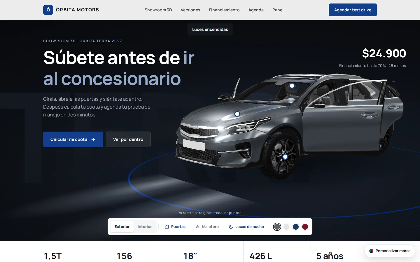 Camioneta 3D con las puertas abiertas y las luces de noche encendidas