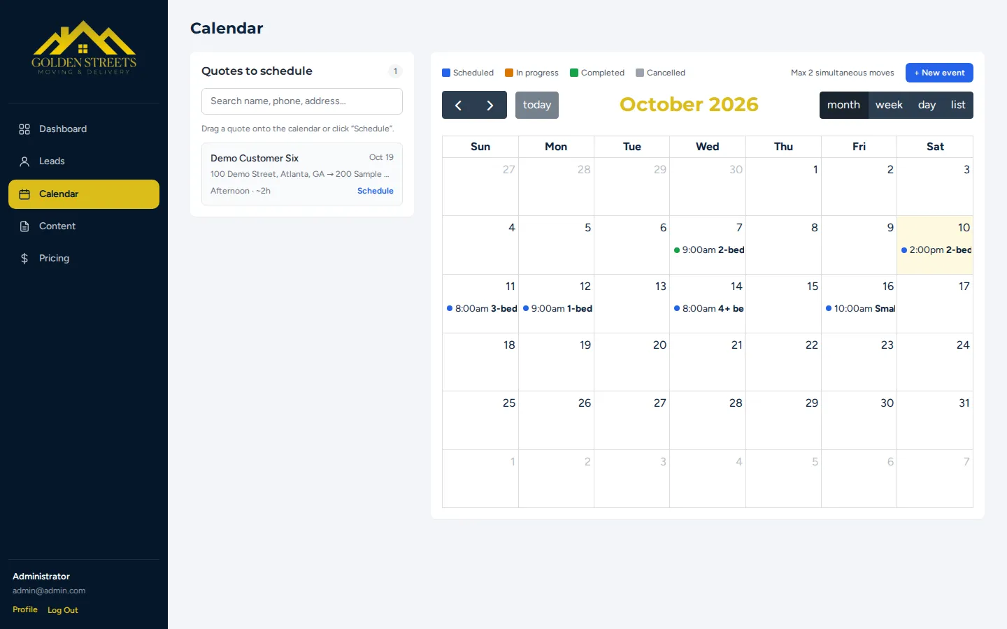 Calendar of scheduled moves with the limit of two simultaneous moves