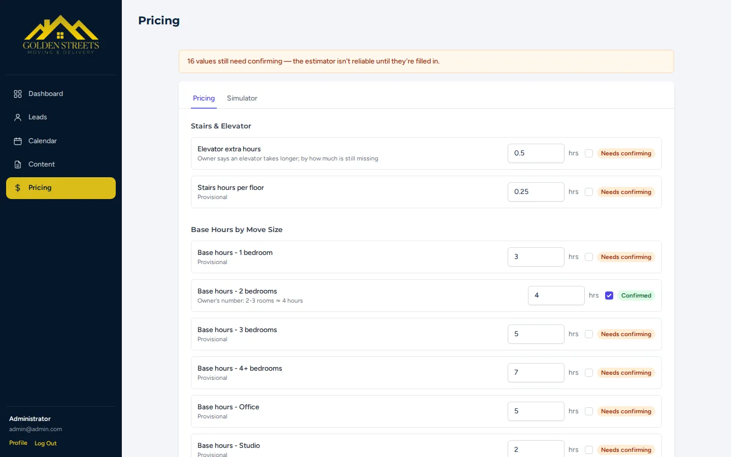 Pricing panel with values marked as confirmed or to be confirmed