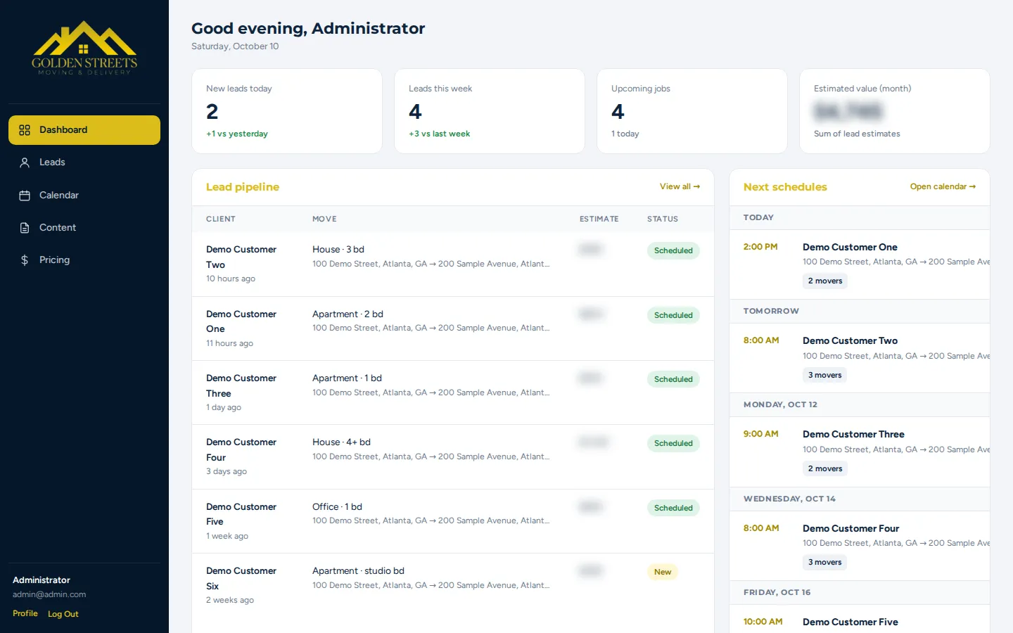 Dashboard summary with leads, upcoming moves and a six-week chart