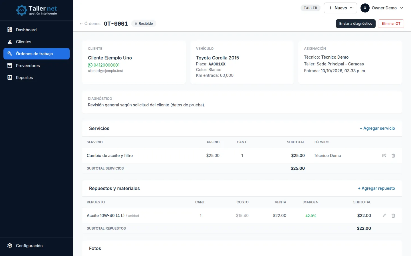 Detalle de una orden con servicios y repuestos, costo, venta y margen