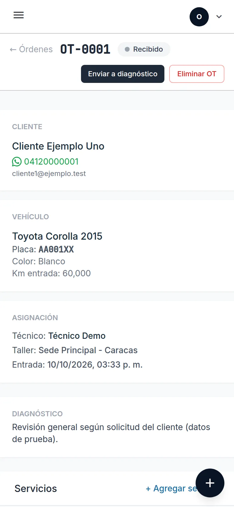 Orden de trabajo vista en un teléfono, con el teléfono del cliente para escribirle por WhatsApp