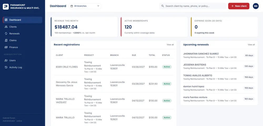 Paramount Insurance App — Desarrollo de CRM a medida para empresa de seguros.